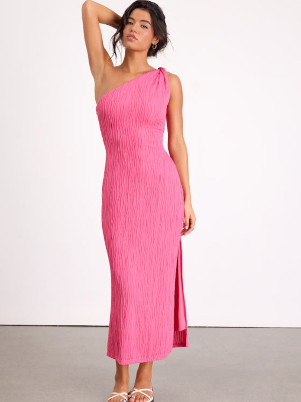Lulus Aristea Fuchsia Textured One-shoulder Midi Dress Pink - Size XL